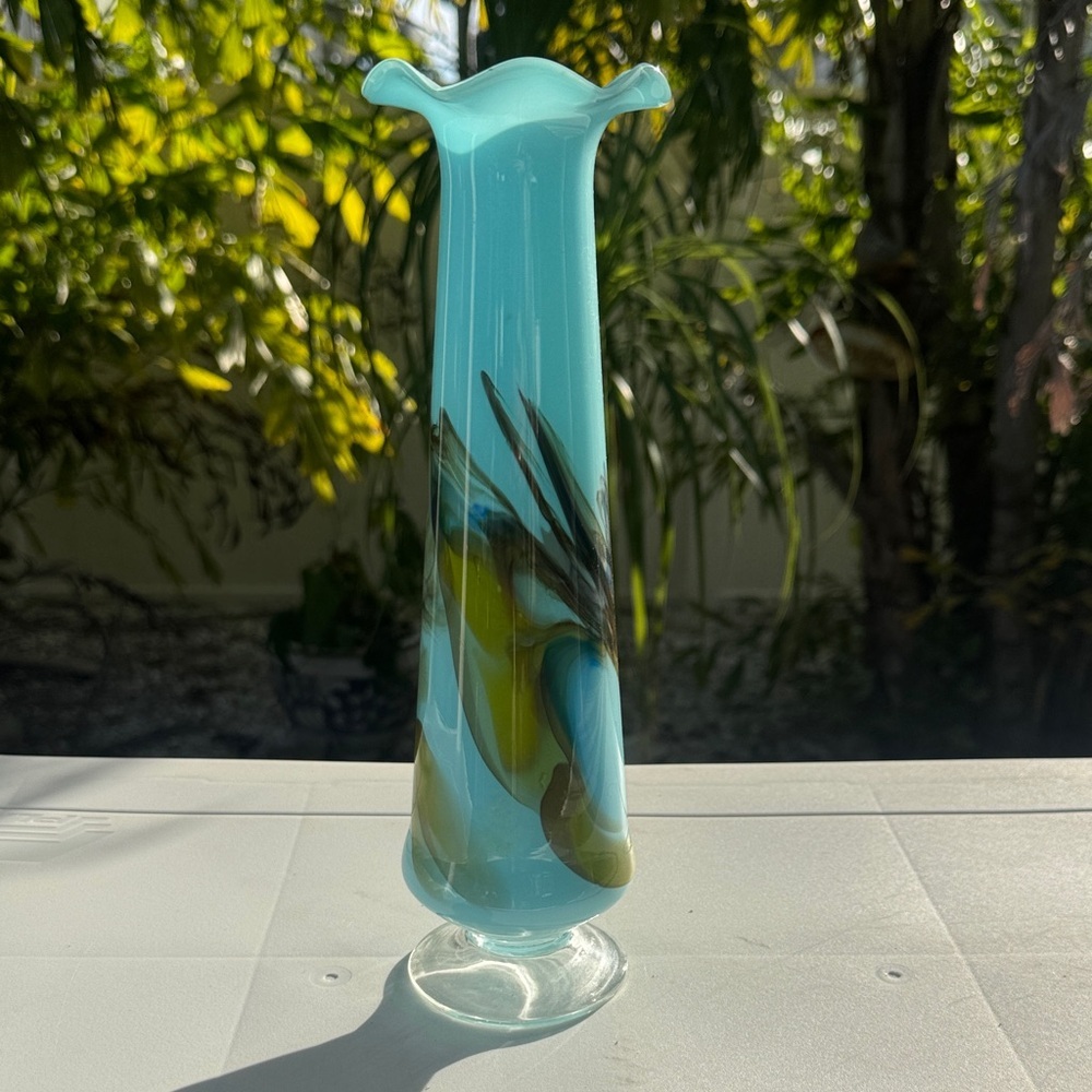 Vintage Hand-Blown Tall Sky-Blue Art Glass Vase, Ruffled Top